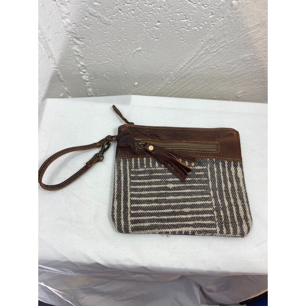 Woven Stripe Wristlet Clutch in Brown & Gray